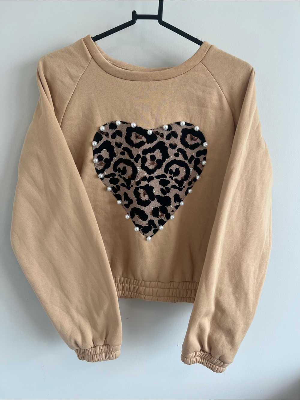 Leopard Heart Pearl Accent Sweatshirt - Beige. Large.